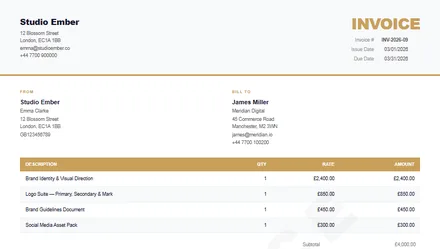Fakturaskabelon — Clean design med guld-accent