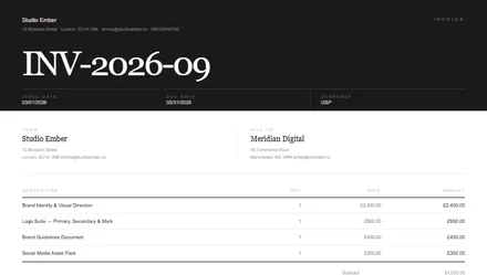 Fakturaskabelon — Folio design, minimalistisk sort/hvid