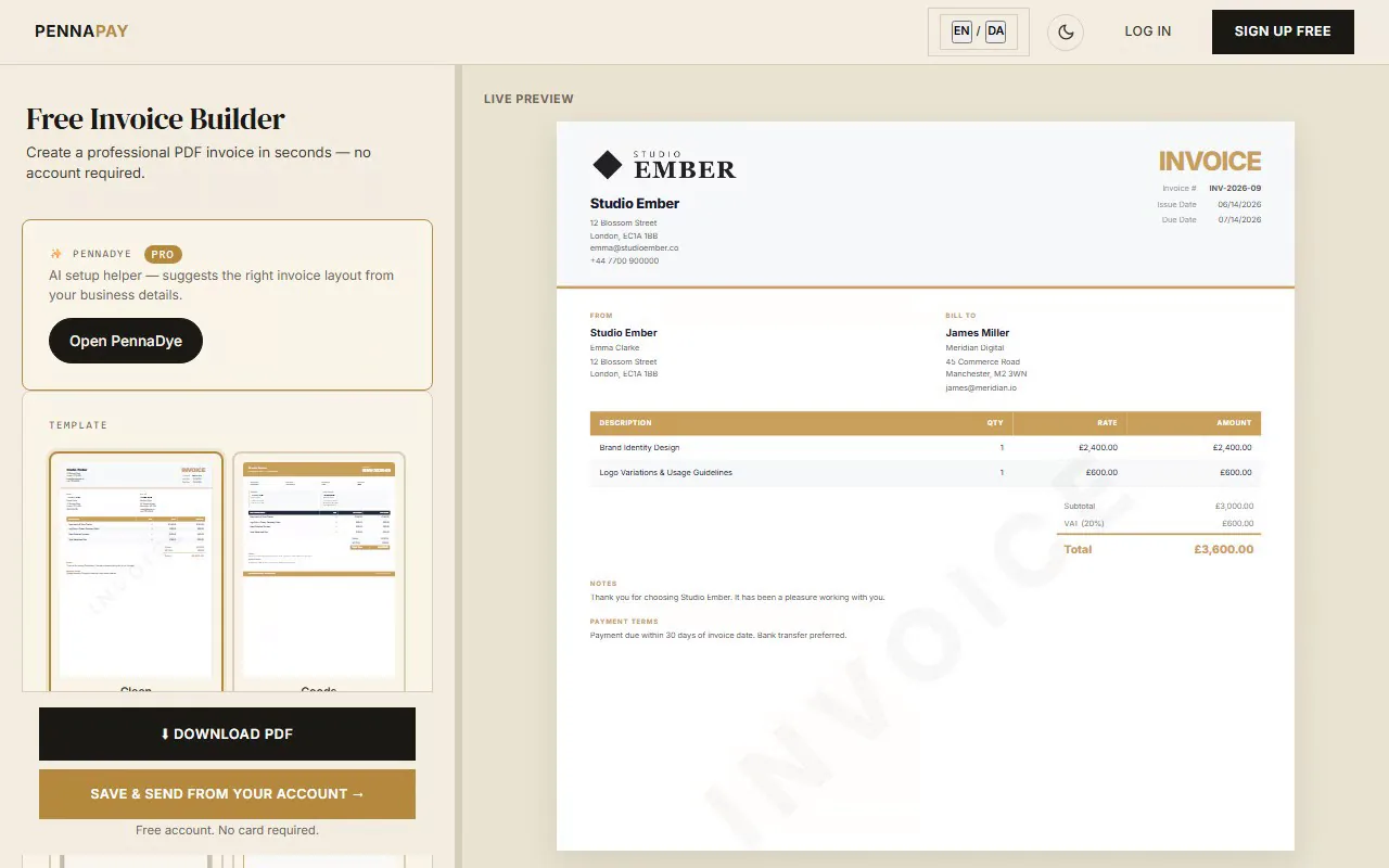 A professional invoice styled with a custom logo in PennaPay