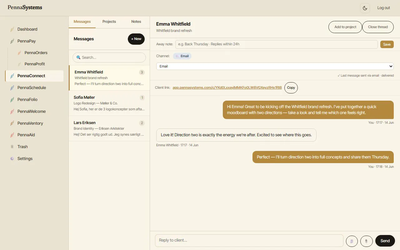 A PennaConnect conversation thread with a client, alongside the list of client chats