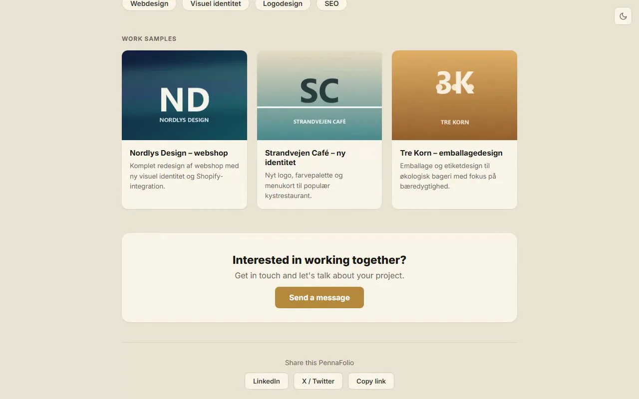 A PennaFolio public portfolio page — a studio profile above a grid of work samples
