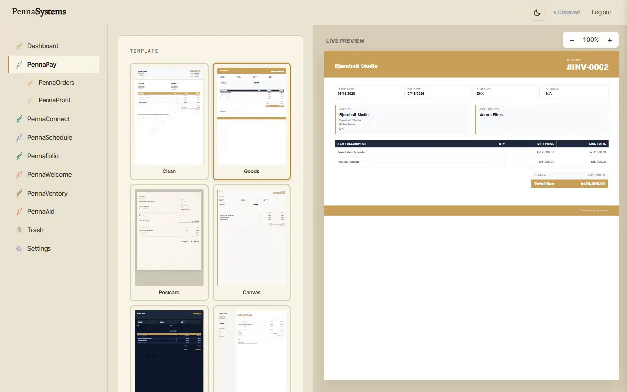 The PennaPay invoice editor showing a finished, branded invoice assembled in the live preview