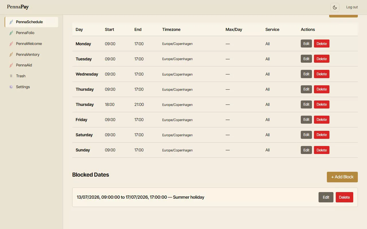The PennaSchedule weekly availability screen showing a freelancer's schedule with a newly added booking rule