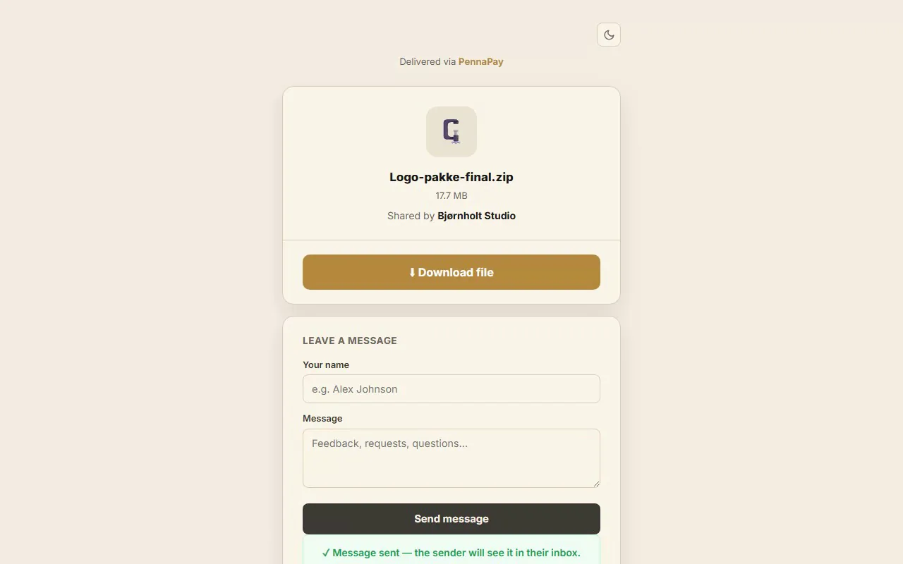 A client-facing PennaShare delivery page — a branded download card for a shared file
