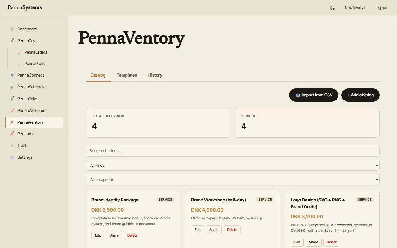 A PennaVentory product catalog showing service offerings with DKK pricing