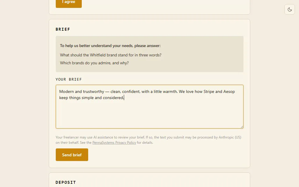 A PennaWelcome client onboarding package — welcome message, scope, timeline and deposit