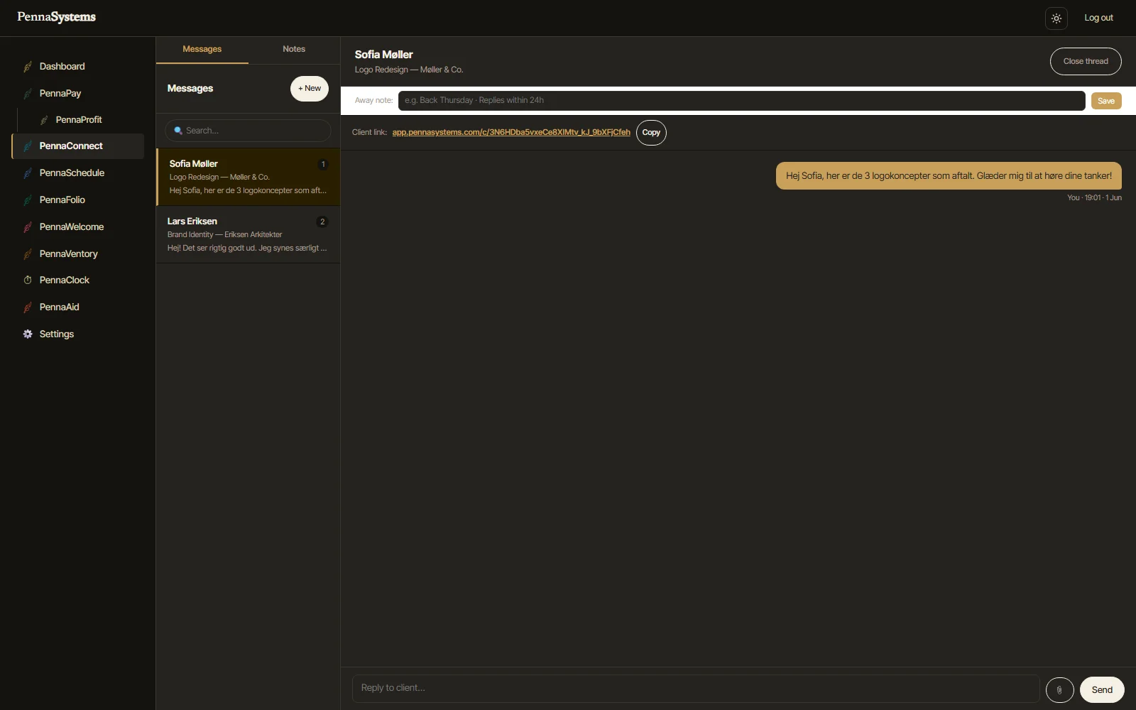PennaConnect client messaging — conversation thread and contact list, dark theme