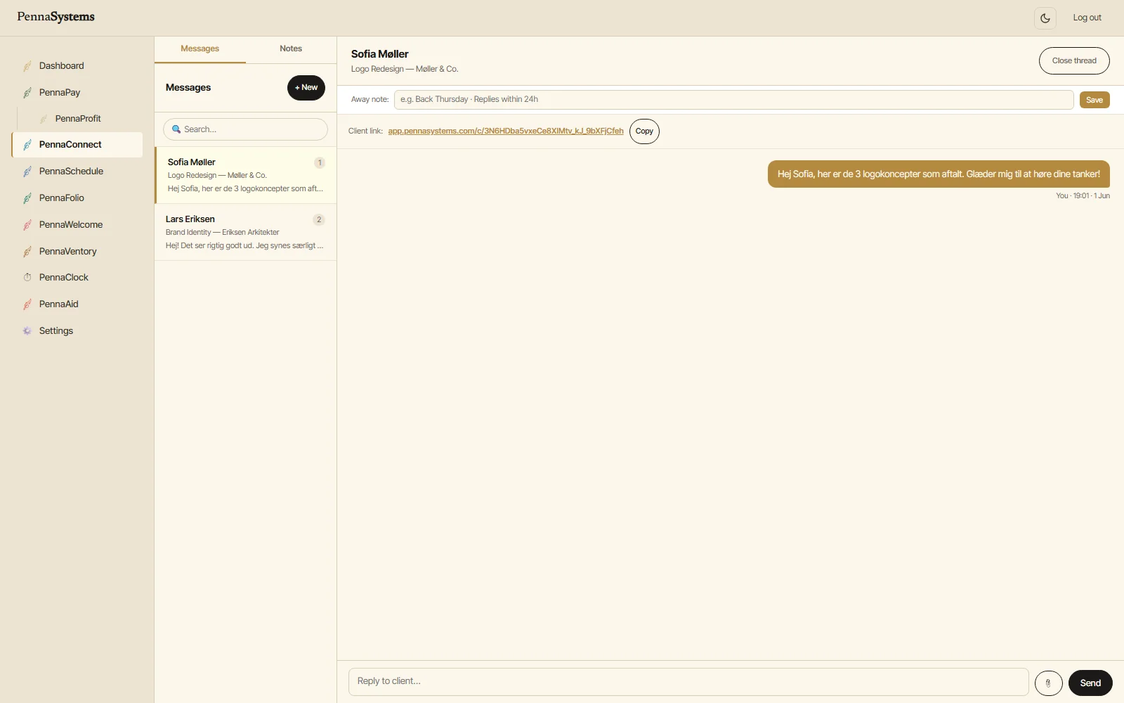 PennaConnect client messaging — conversation thread and contact list, light theme