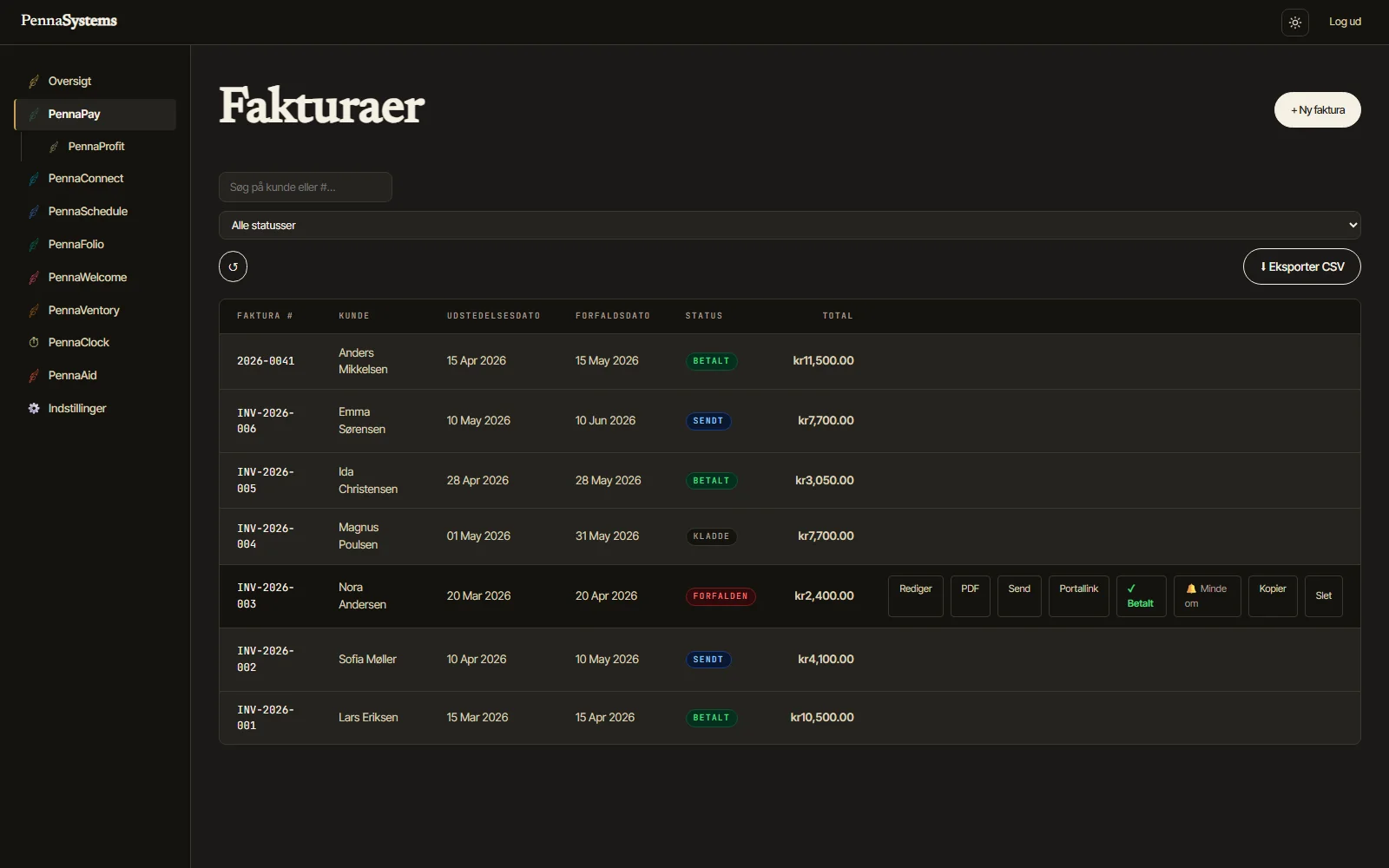 PennaPay invoicing dashboard — invoice list with client names, DKK amounts and status badges, dark theme