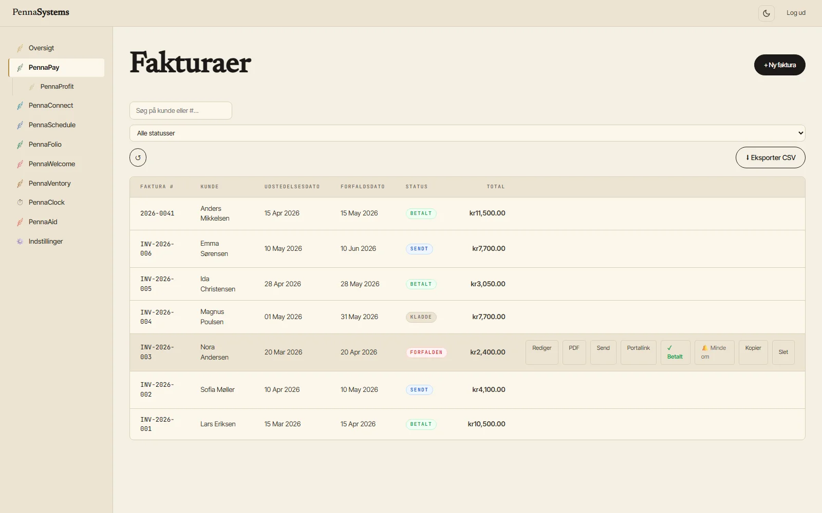 PennaPay invoicing dashboard — invoice list with client names, DKK amounts and status badges, light theme