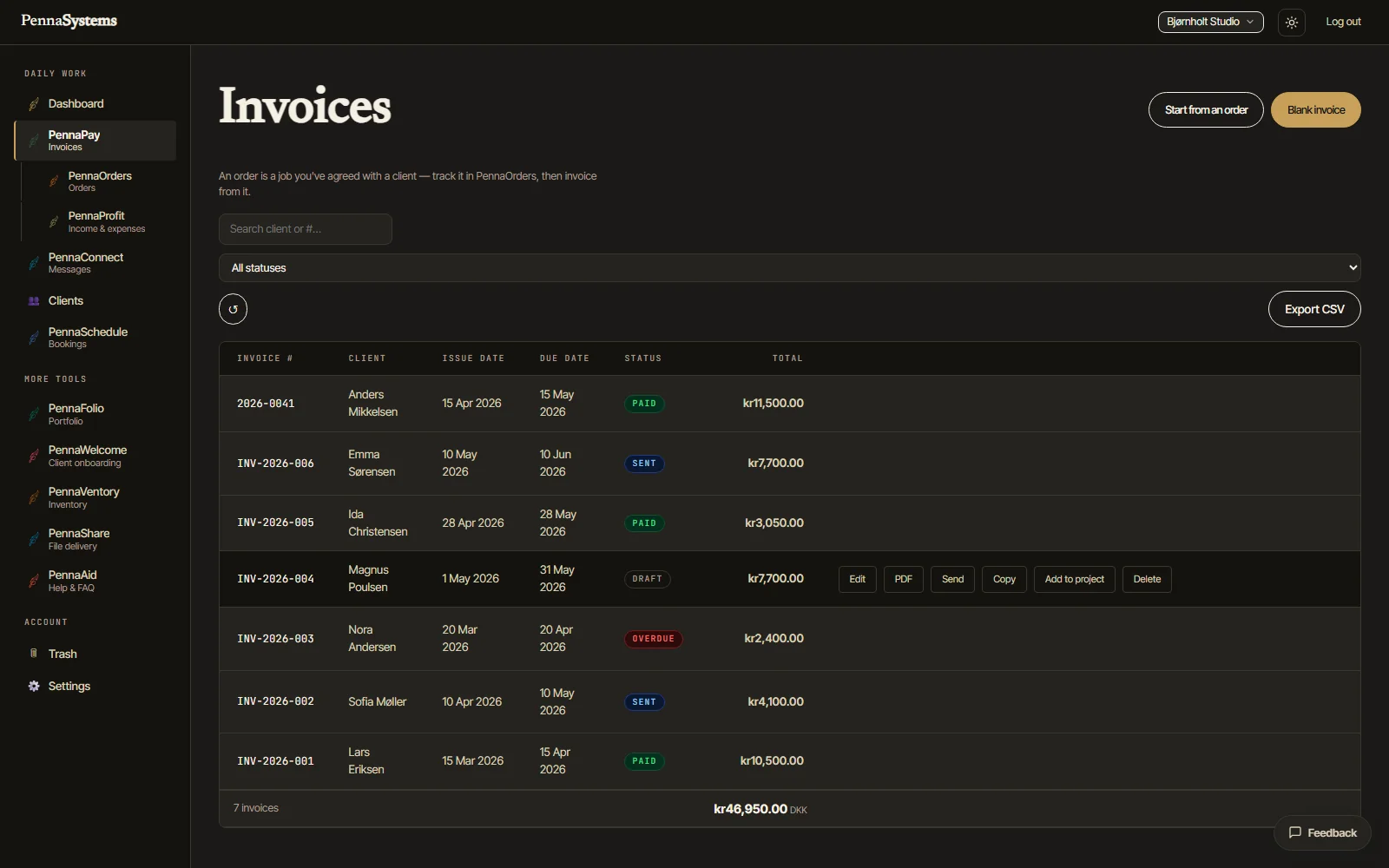 The PennaPay invoice list: seven invoices with issue and due dates, paid, sent, draft and overdue statuses, and a running total — dark theme