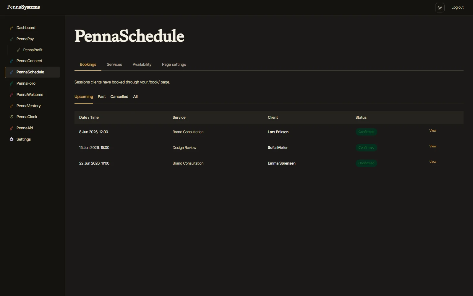 PennaSchedule booking calendar — upcoming appointments with client names, dark theme