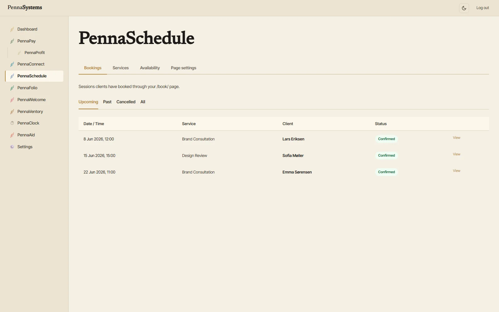 PennaSchedule booking calendar — upcoming appointments with client names, light theme