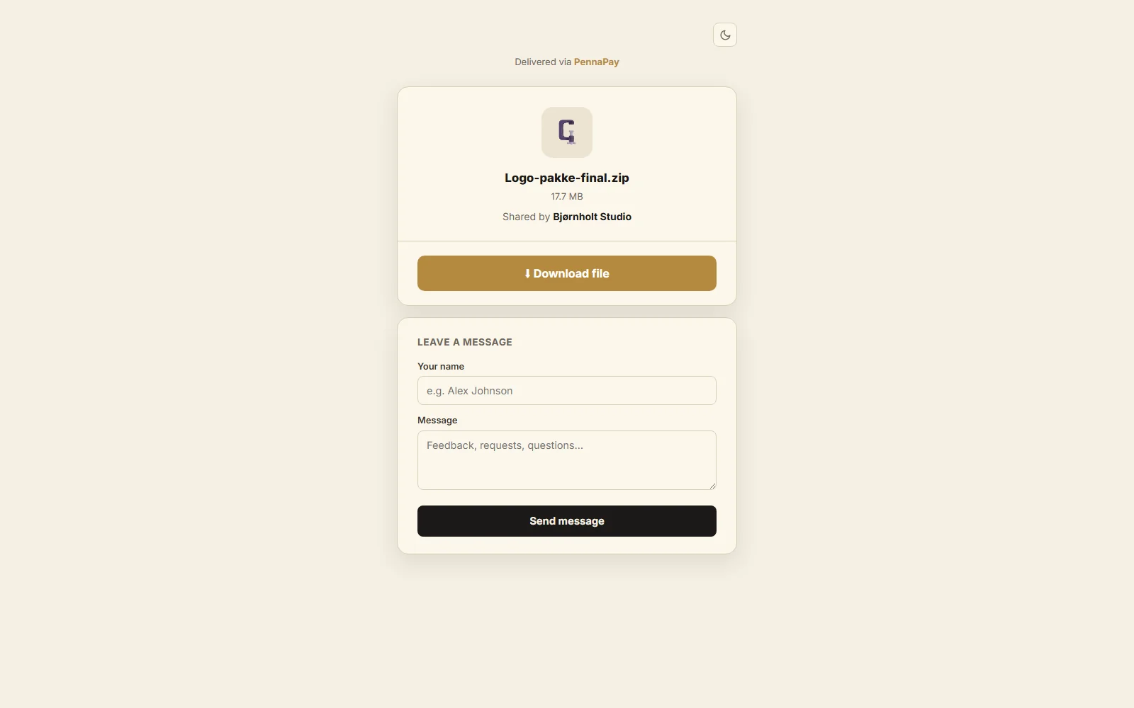PennaShare file delivery — client-facing branded download page, light theme