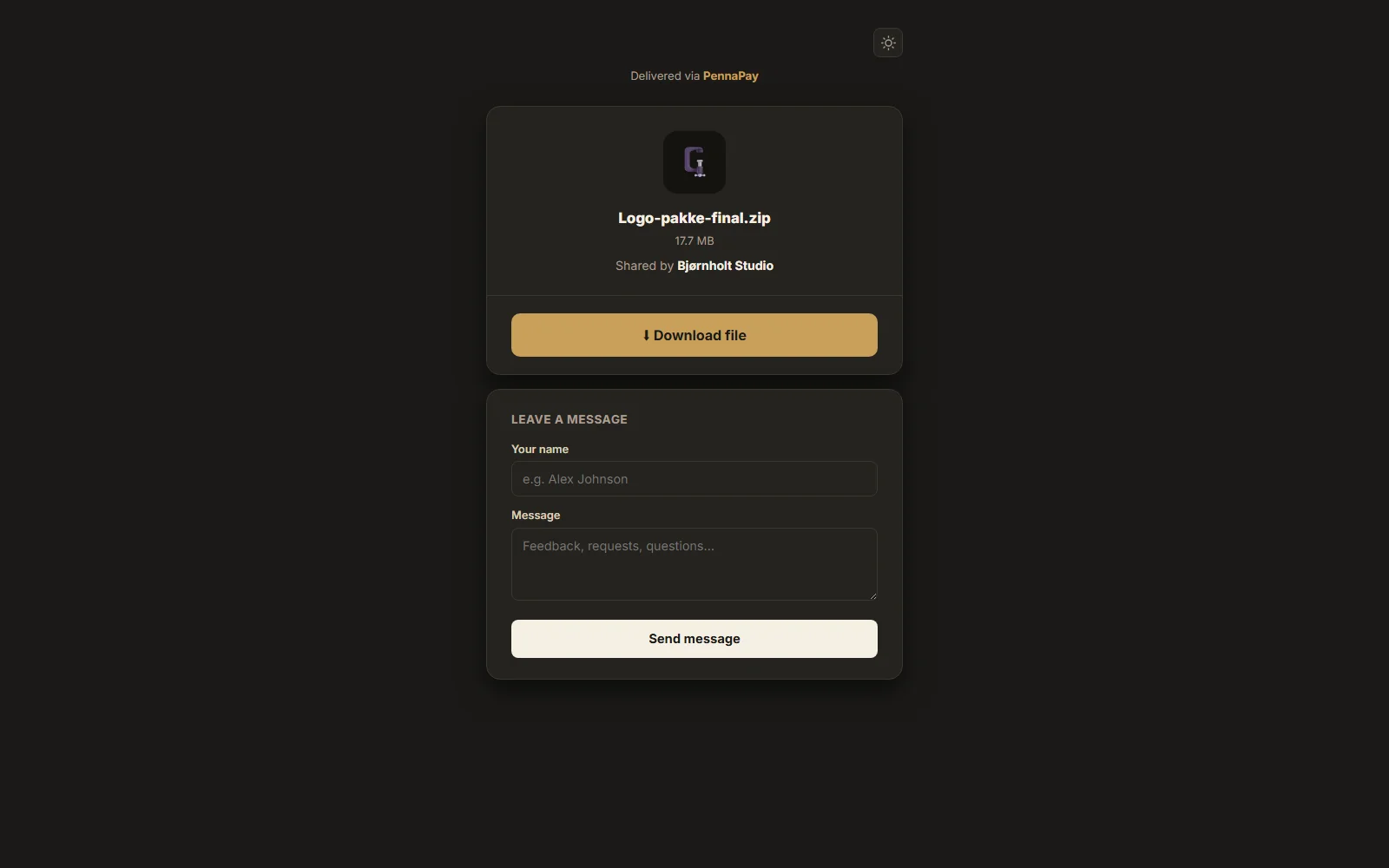 The PennaShare download page a client receives: file name, file size, who shared it, a download button and a message box — dark theme