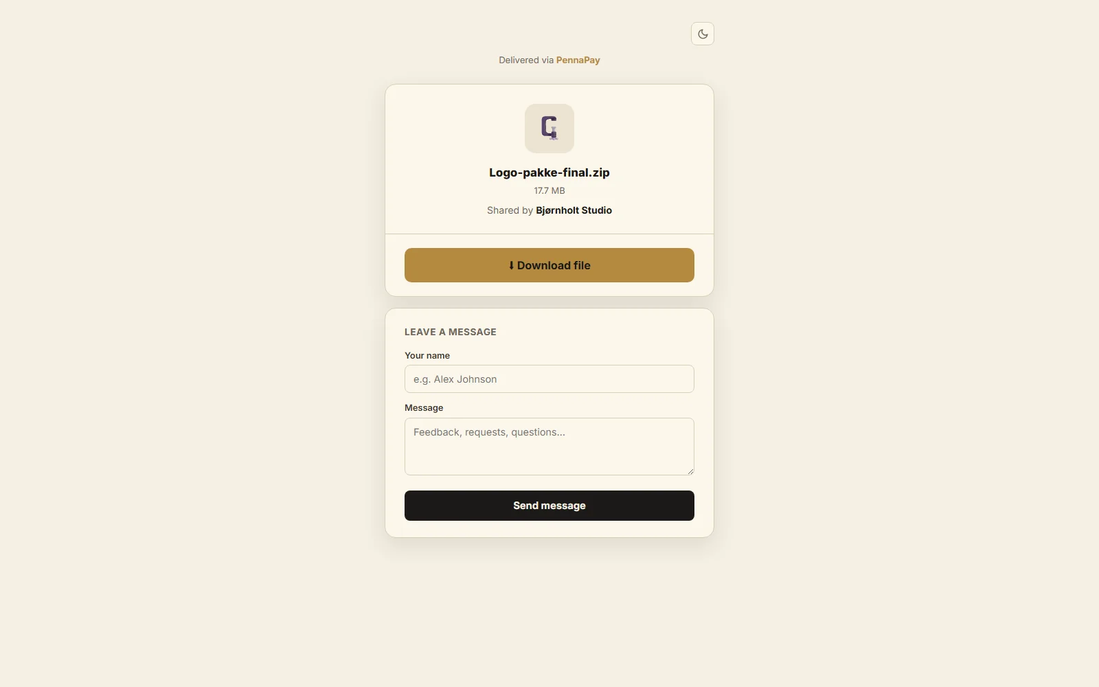 The PennaShare download page a client receives: file name, file size, who shared it, a download button and a message box — light theme