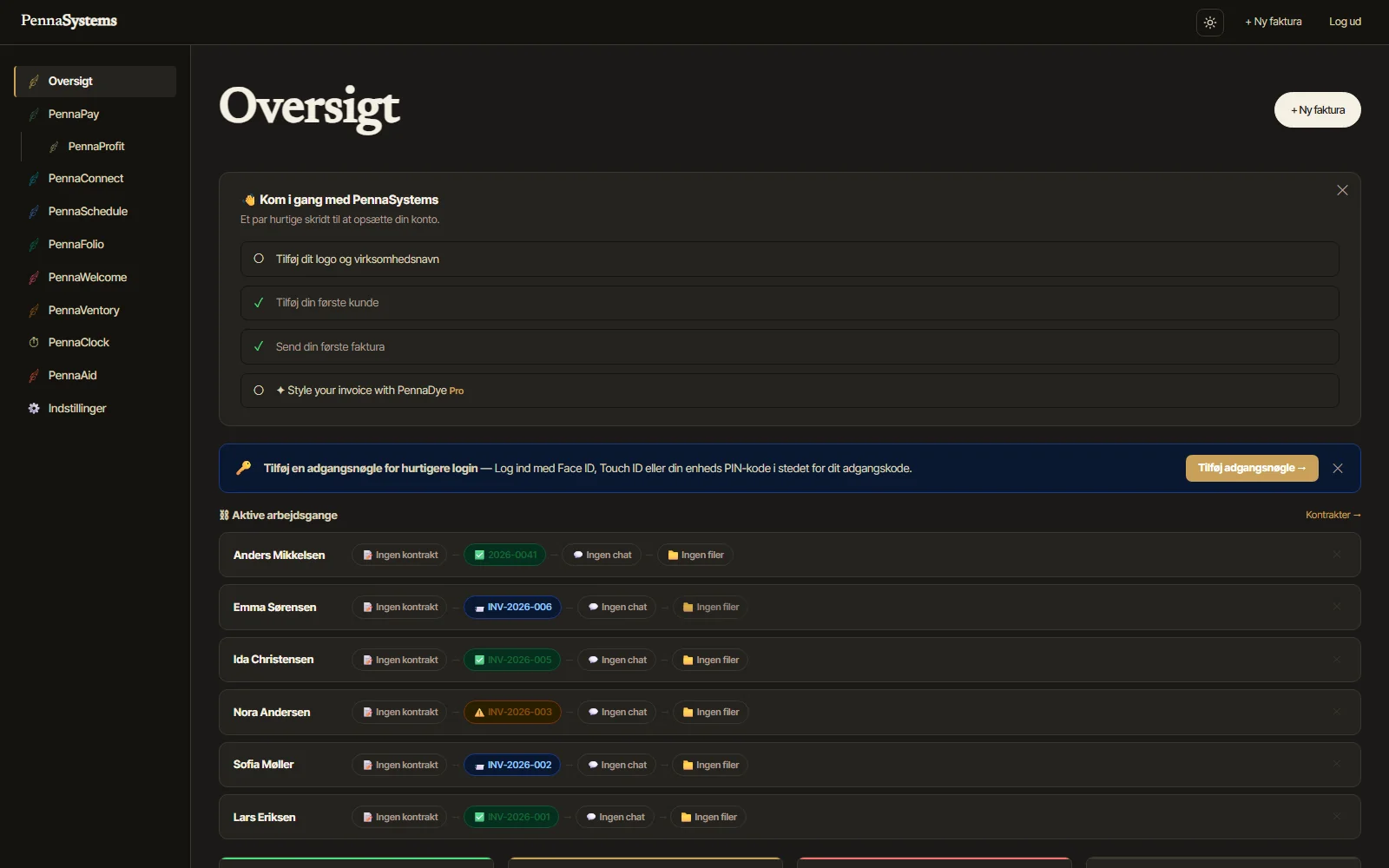 PennaSystems suite dashboard — active client workflows and project overview, dark theme