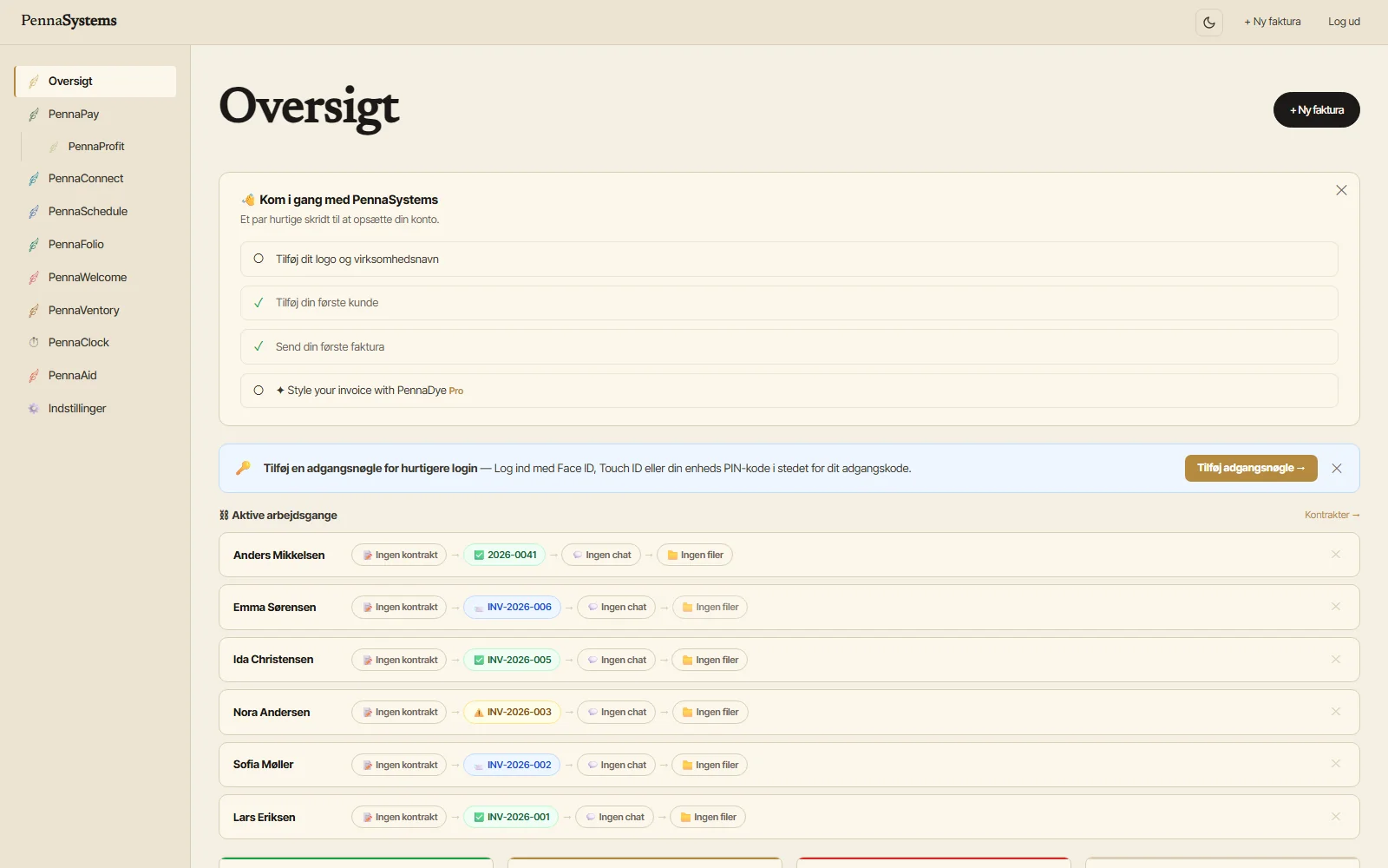 PennaSystems suite dashboard — active client workflows and project overview, light theme