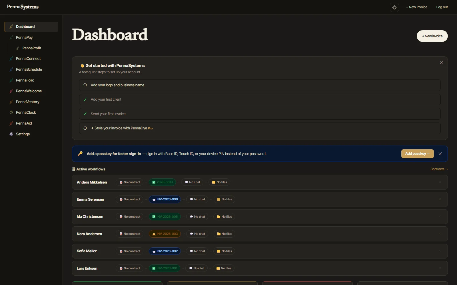 PennaSystems suite dashboard — active client workflows and project overview, dark theme