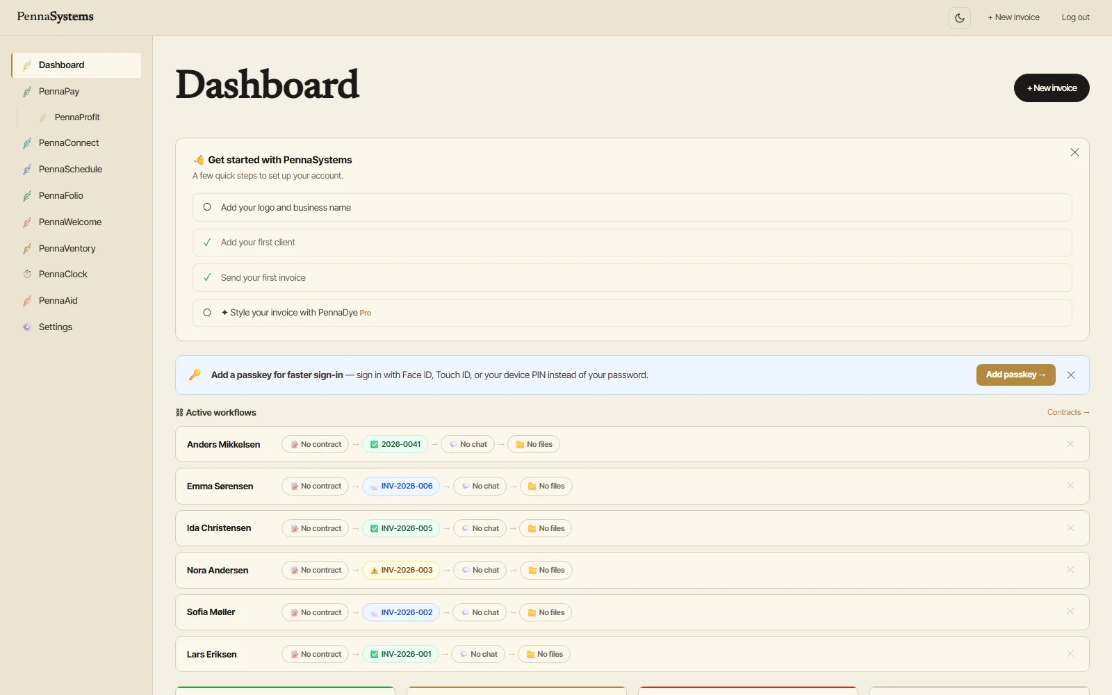 PennaSystems suite dashboard — active client workflows and project overview, light theme