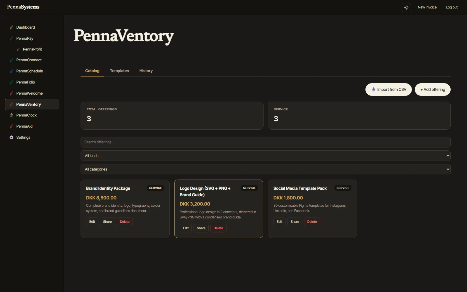 PennaVentory product catalog — service and product offerings with DKK pricing, dark theme