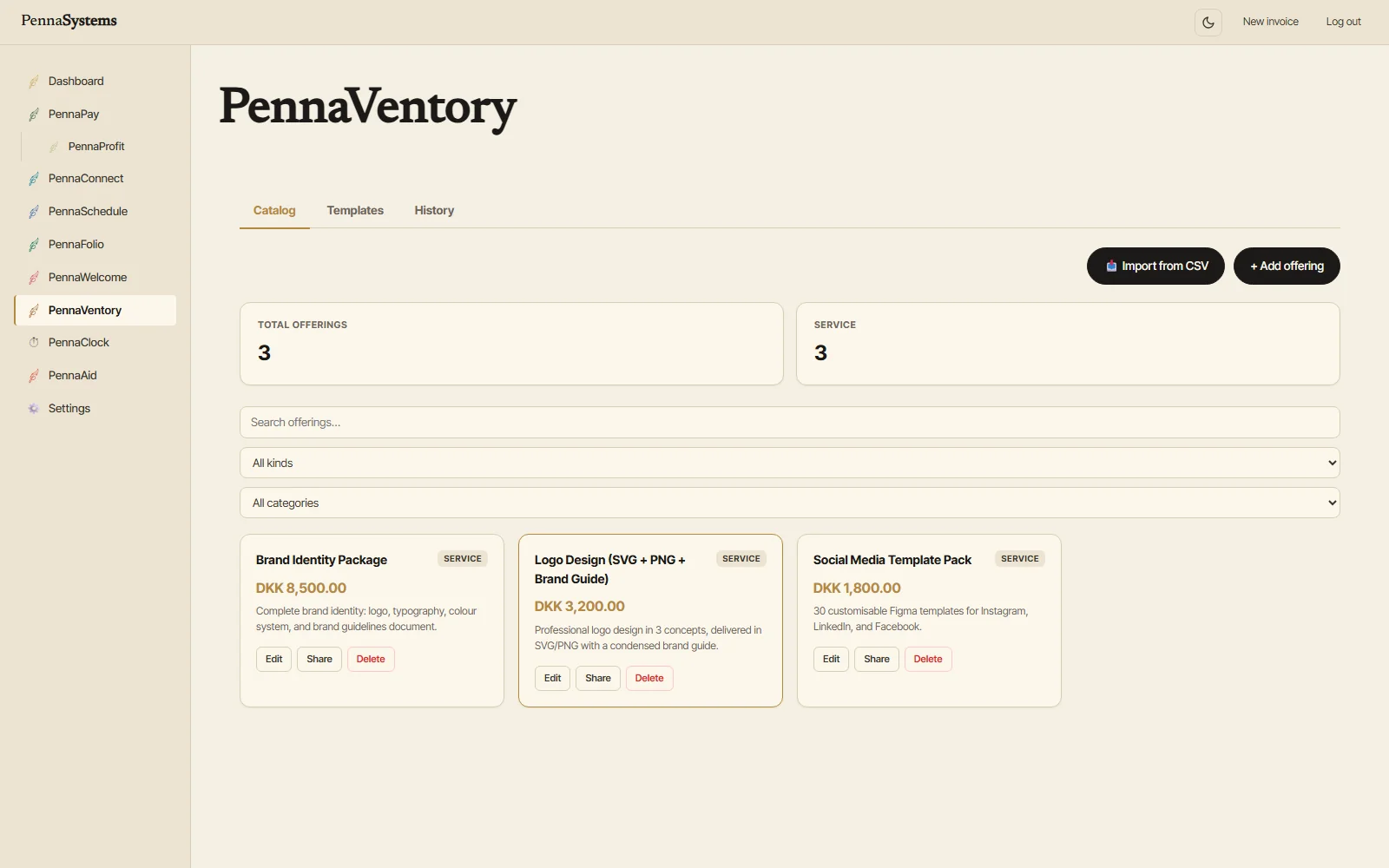 PennaVentory product catalog — service and product offerings with DKK pricing, light theme