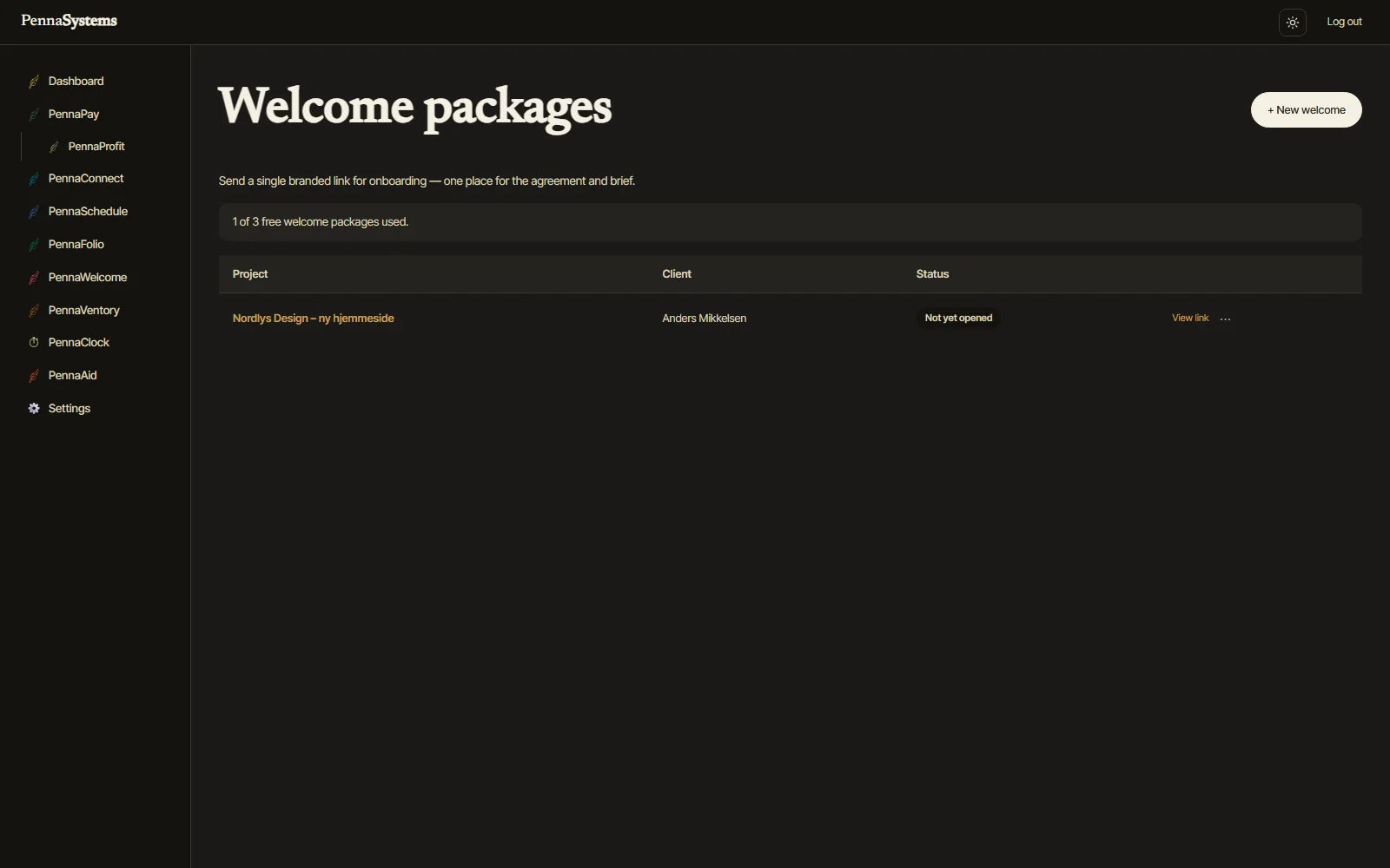 PennaWelcome client onboarding package with deposit and welcome message, dark theme