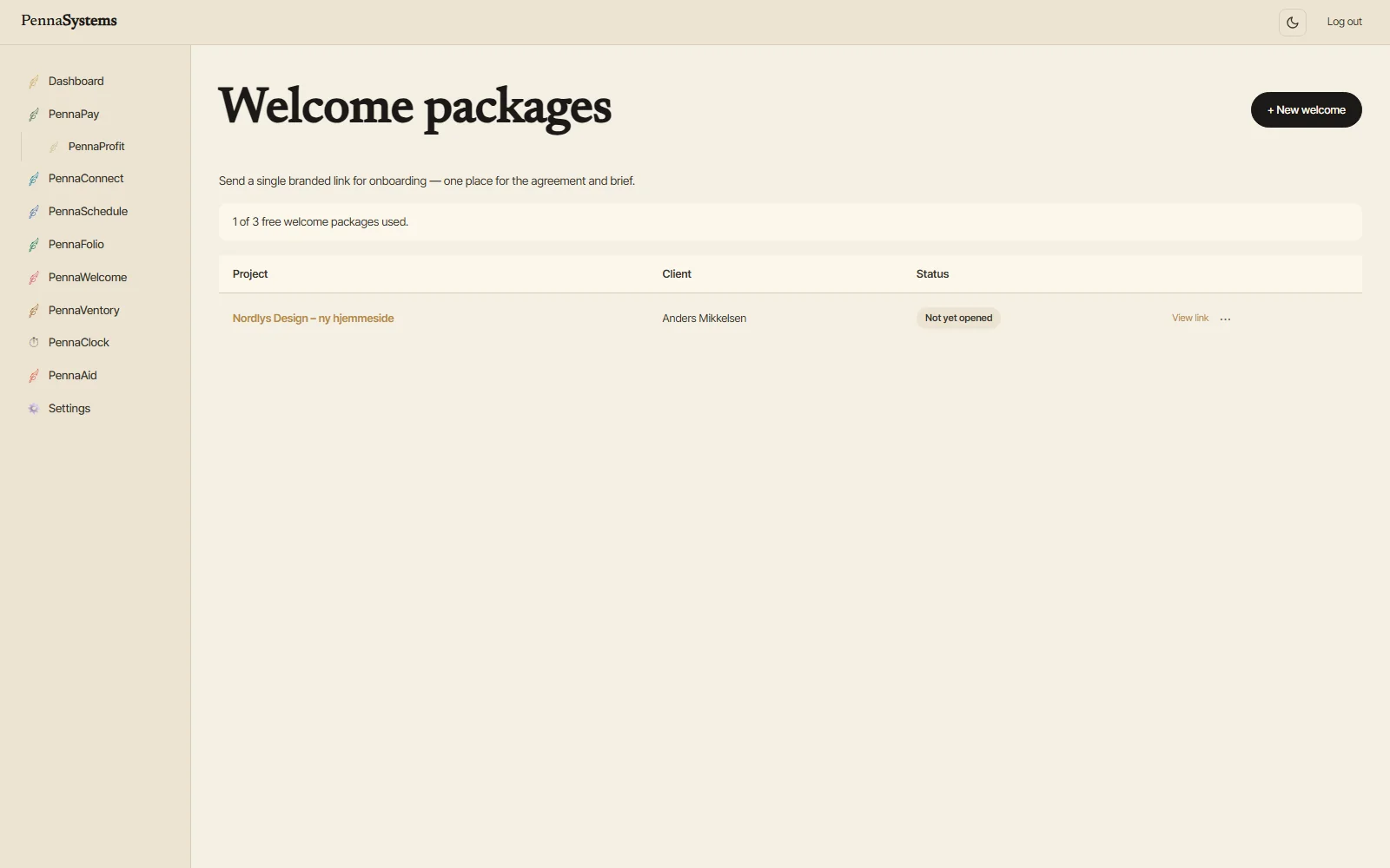 PennaWelcome client onboarding package with deposit and welcome message, light theme